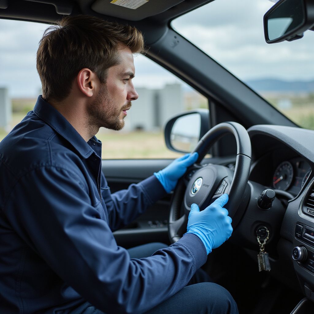 Man in blue gloves driving a car, holding the steering wheel, looking forward.
