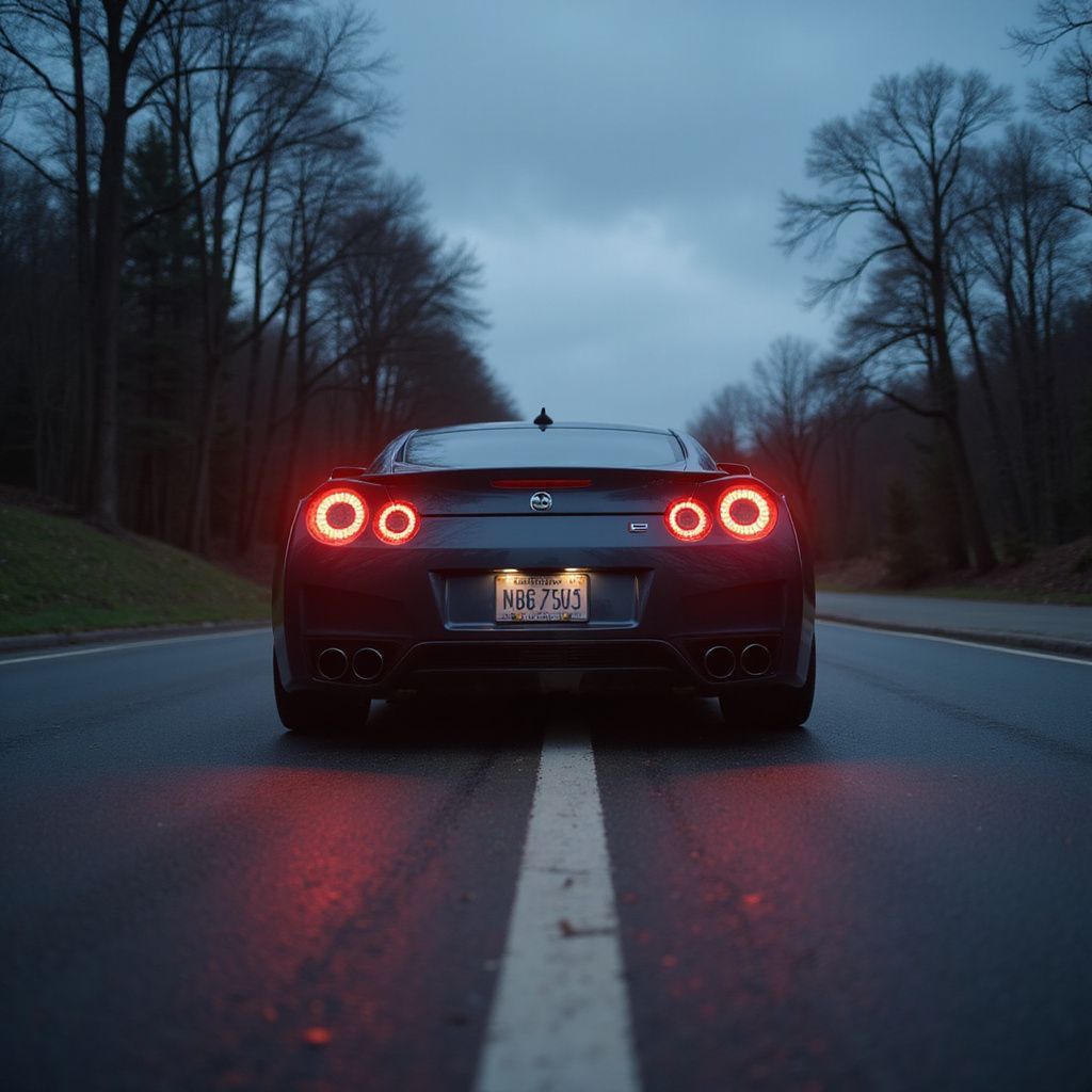 Dark car with glowing red taillights centered on an empty road, surrounded by trees under a cloudy sky.