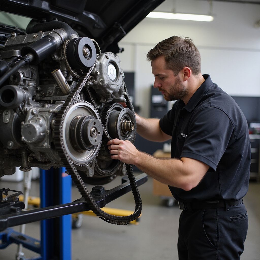 Mechanic working on car engine, inspecting belts and pulleys in a shop setting.