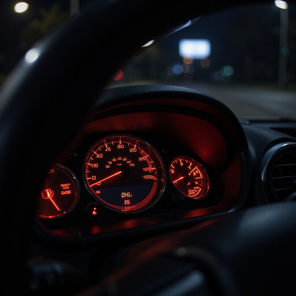 Car dashboard illuminated with red lights at night. Speedometer indicates 19. Blurred streetlights in the background.