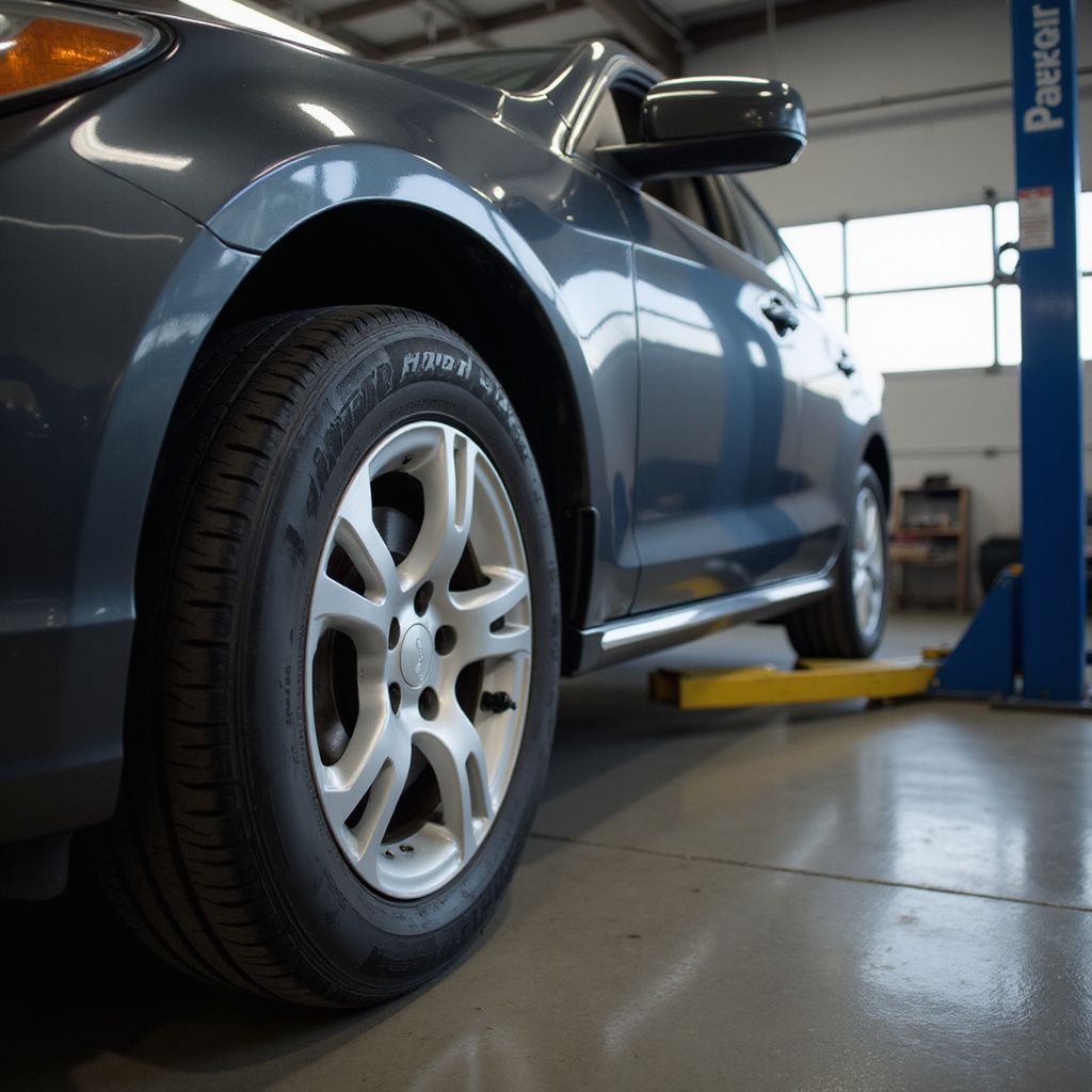 Gray car on a lift in a garage, focusing on the front tire.