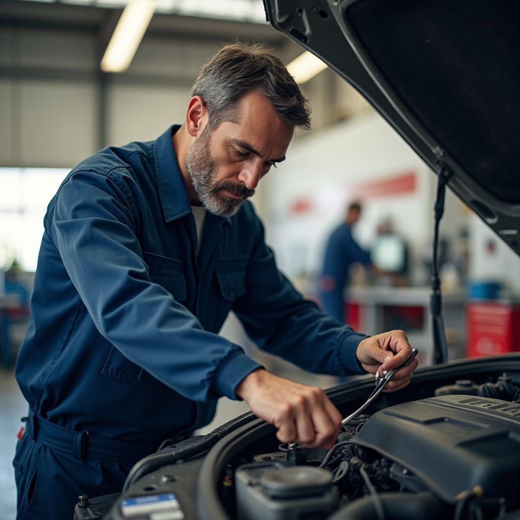 Mechanic in blue coveralls working on a car engine in a garage; uses a wrench.