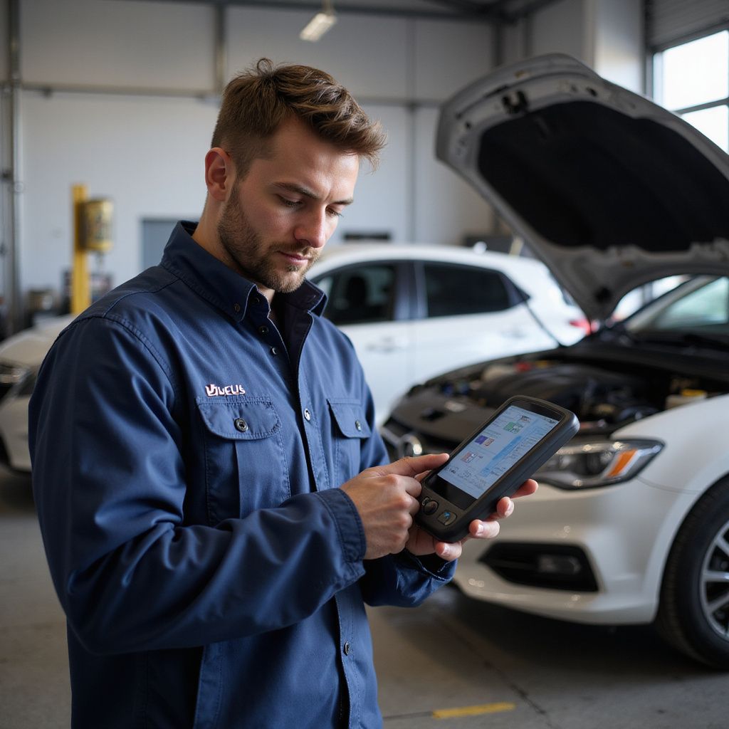 Mechanic using a diagnostic tablet in a repair shop with a car's hood open, checking vehicle's systems.