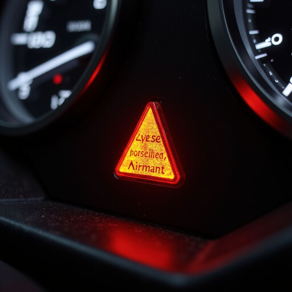 Red hazard warning light on a car dashboard, with German text visible within a triangle.