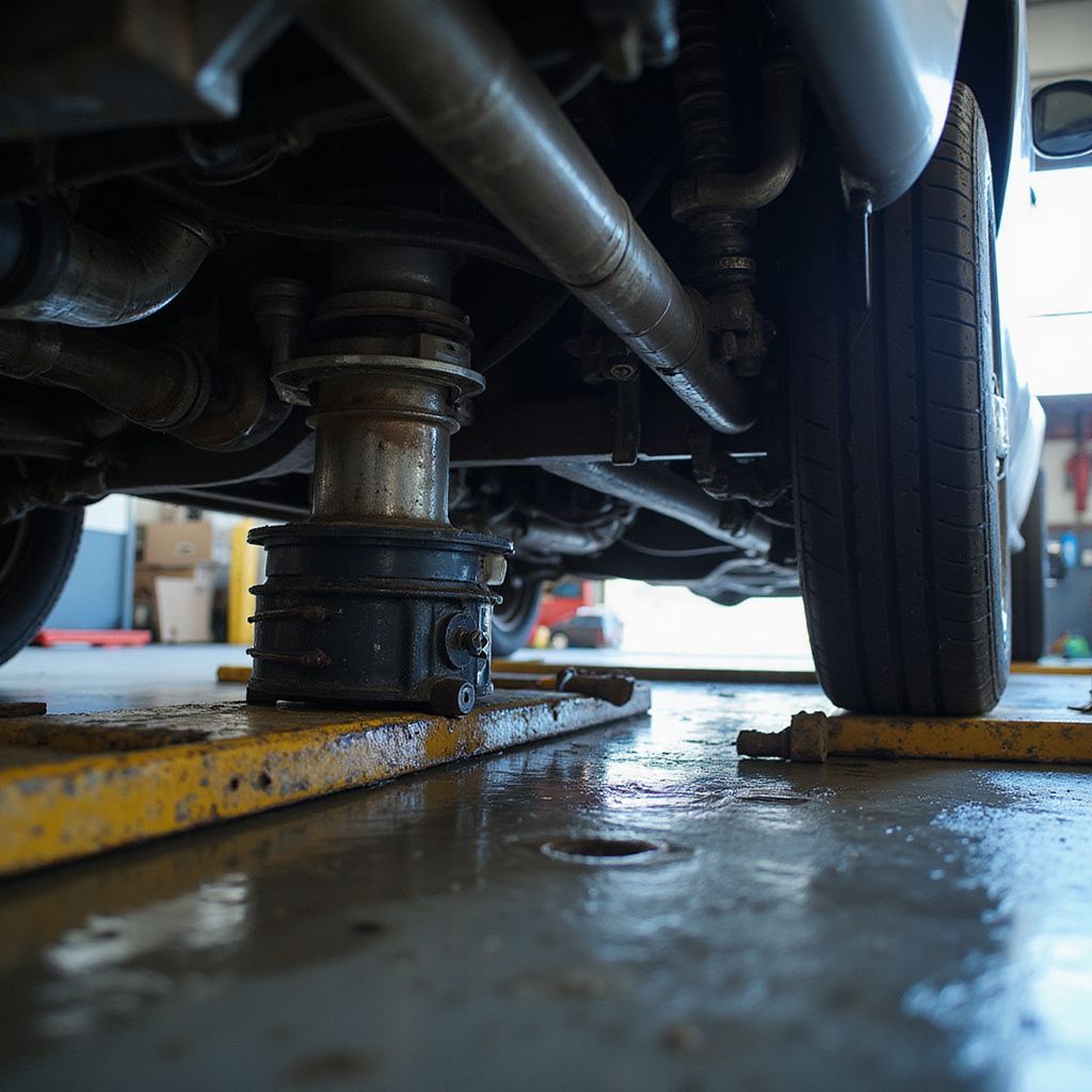 Car raised on a hydraulic jack in a repair shop, showing underside, pipes, and a tire.