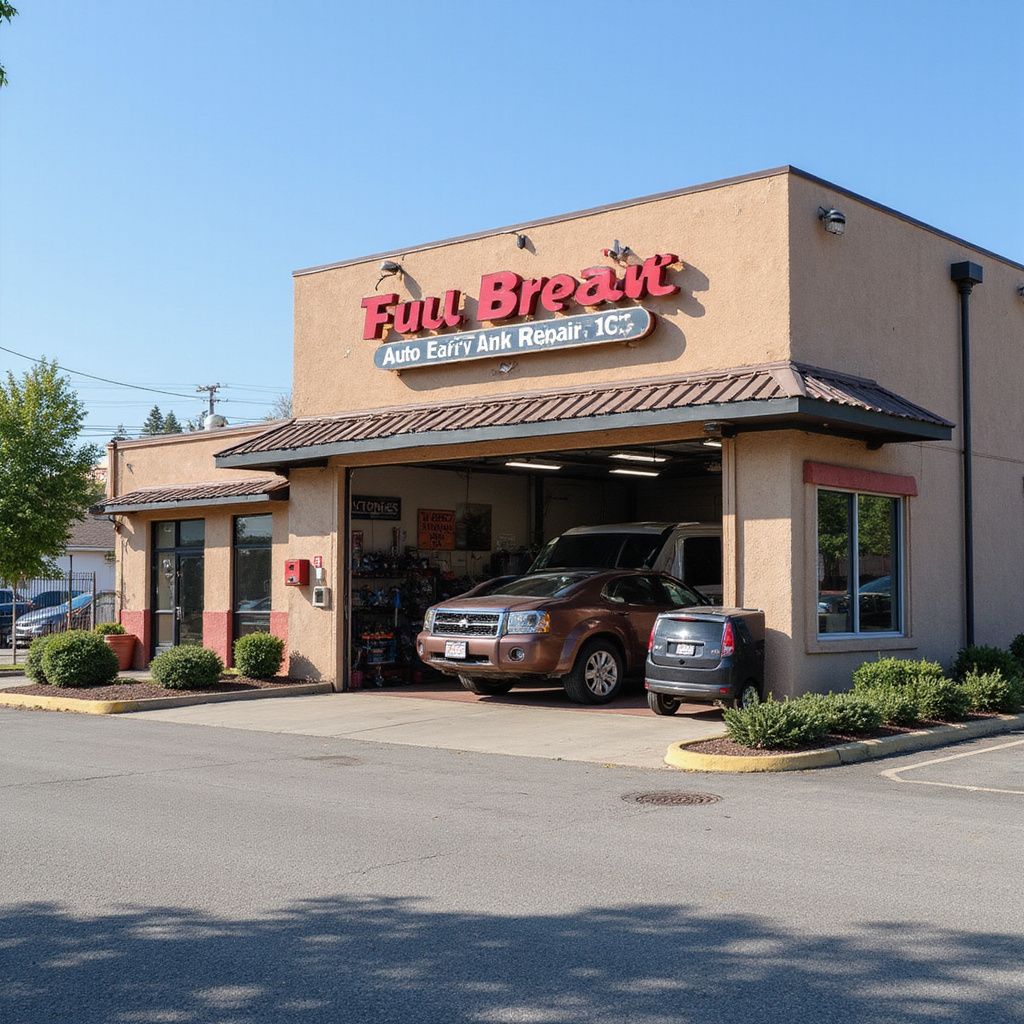 Auto repair shop with brown SUV inside bay. Sign reads “Tune Break.” Building is tan with bushes in front.