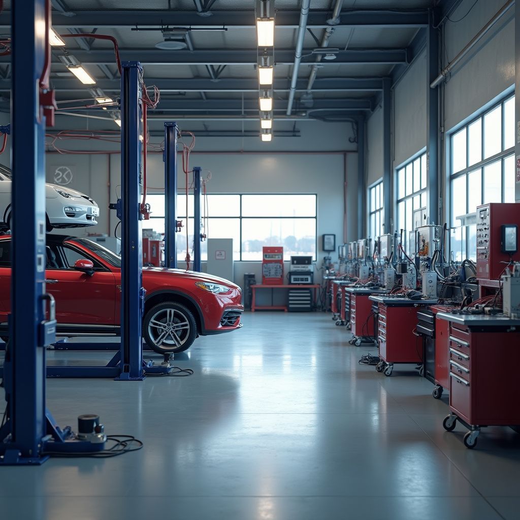 Inside auto repair shop; red car on a lift, mechanic tools, windows, cool lighting.