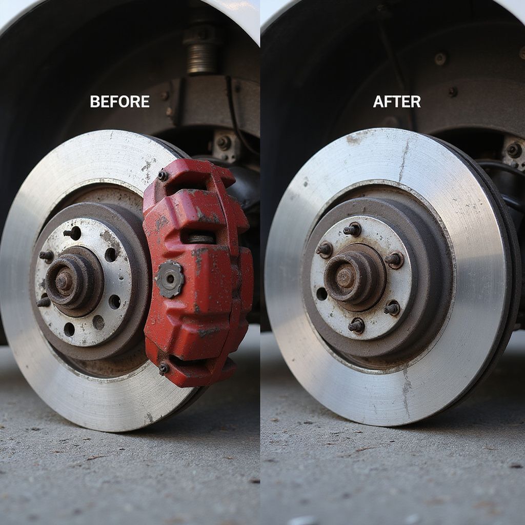 Comparison of a car's brake disc and caliper before and after maintenance. The caliper is red.