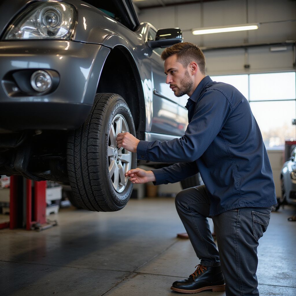 Mechanic in blue shirt working on car tire in a garage.
