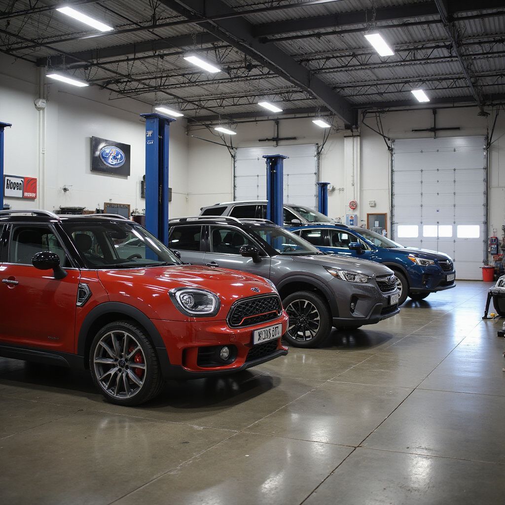 Cars parked in a garage, a red Mini Cooper and two other SUVs are in front. Blue lift supports stand beside each vehicle.