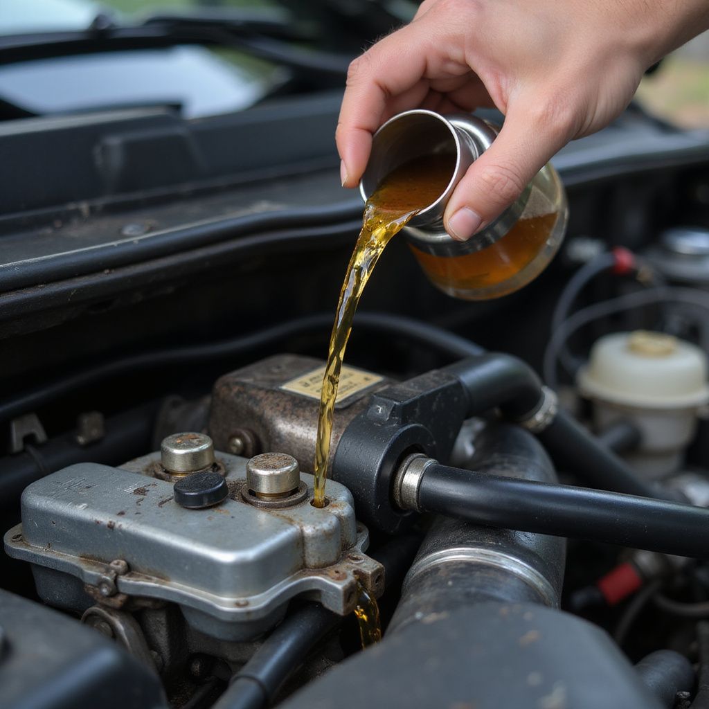 Person pouring oil from a container into a car engine.