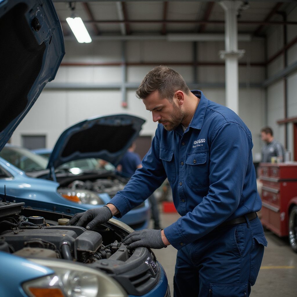 Mechanic in blue uniform inspects car engine in a garage.