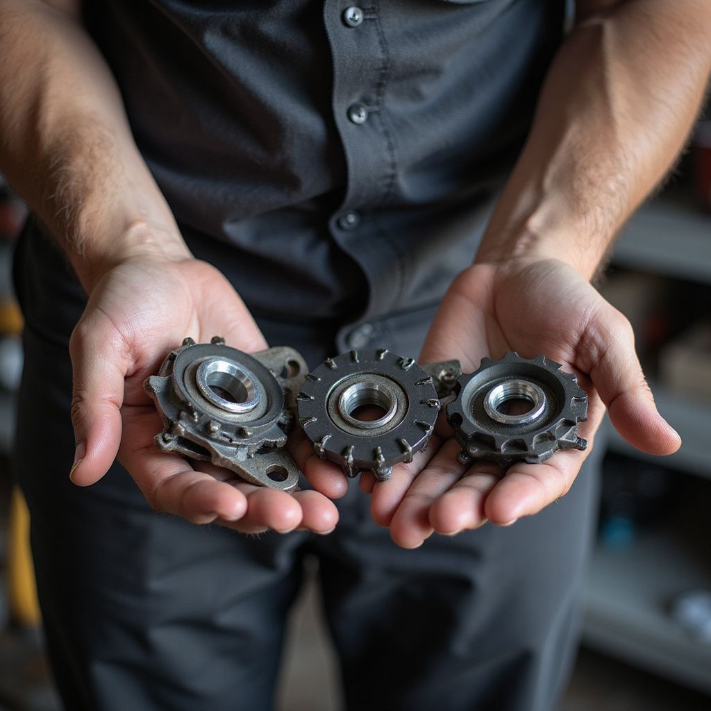 Mechanic holding three metal gears in open palms.