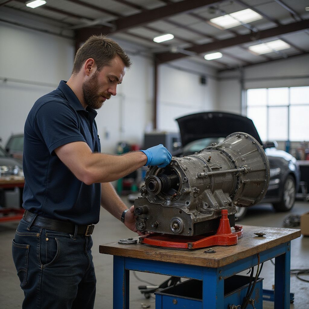 Mechanic in blue shirt and jeans, working on a large engine on a workbench in a garage.