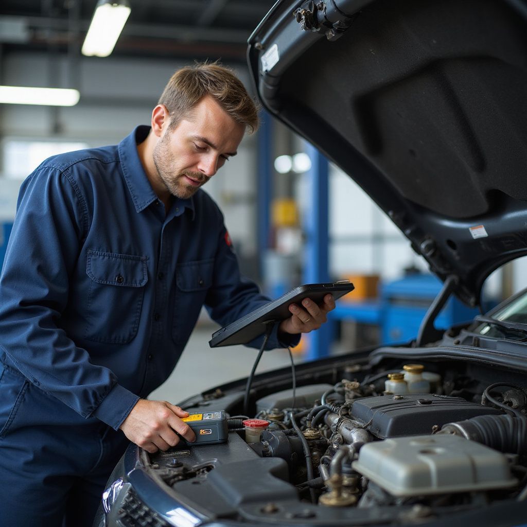 Mechanic in blue uniform uses a diagnostic tablet on a car engine in a garage.