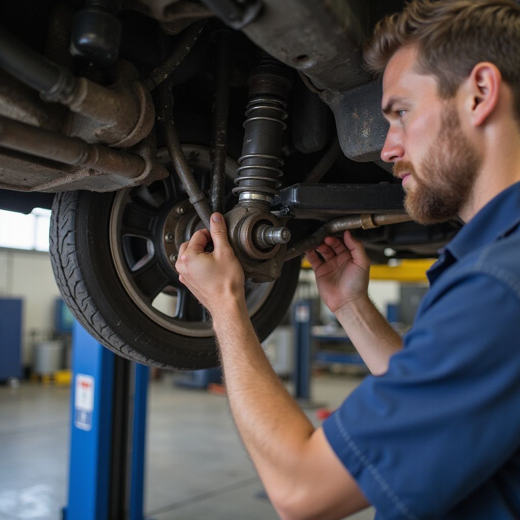 Mechanic inspecting the undercarriage of a car raised on a lift in a shop.