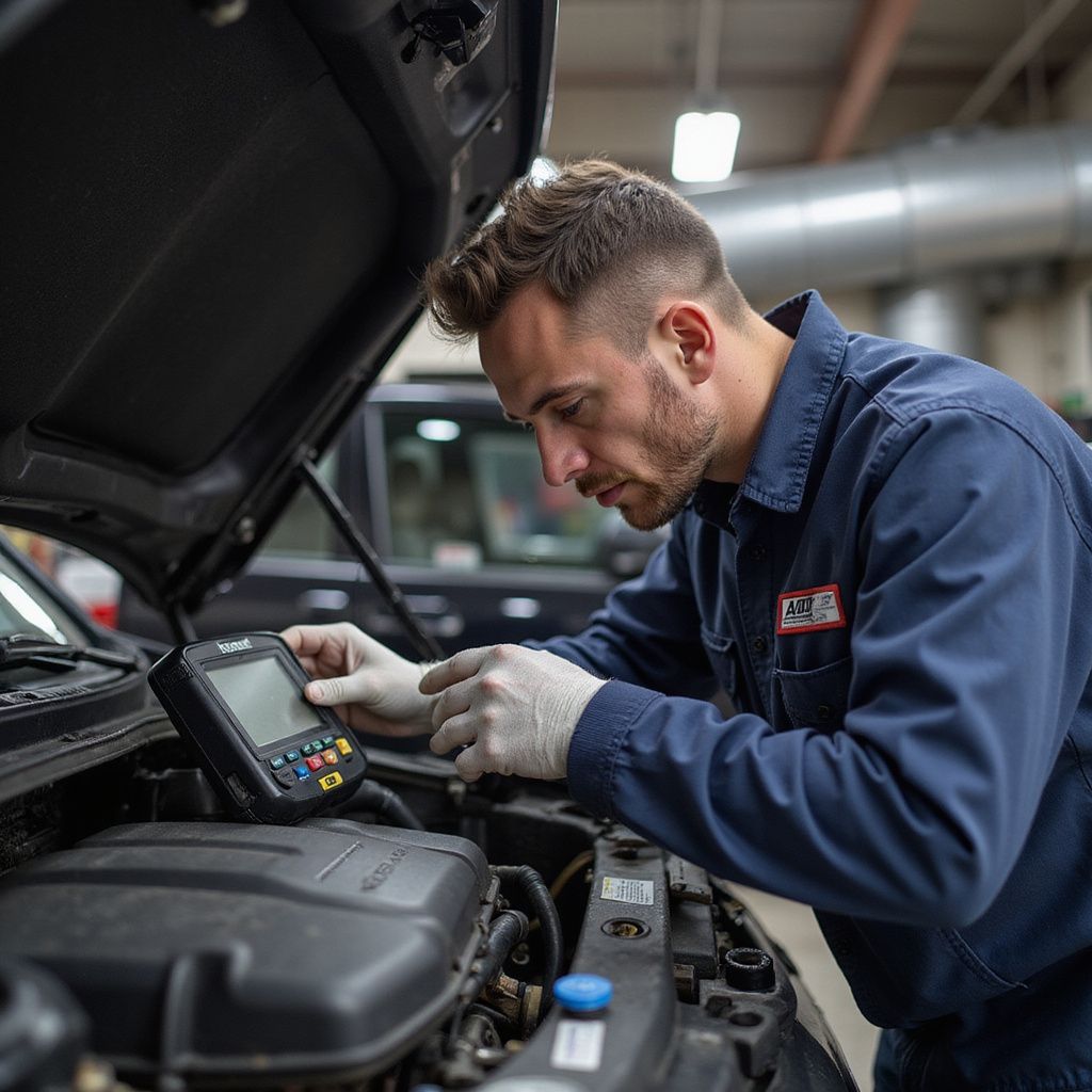 Mechanic using diagnostic tool on car engine, inspecting components. Shop setting.