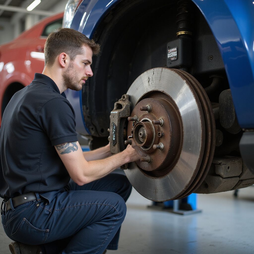 Mechanic inspecting a car's brake disc in a garage, wearing a black shirt and blue pants.