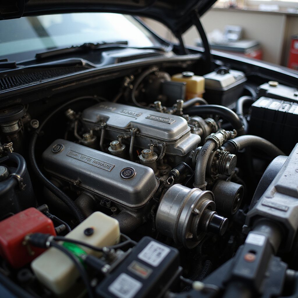 Close-up of a car engine bay, showing the engine components and various parts.