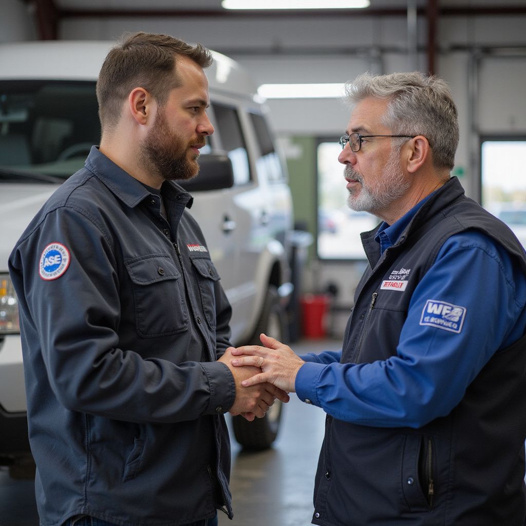 Two men shaking hands in a garage, one wearing a work uniform, the other a vest and glasses.
