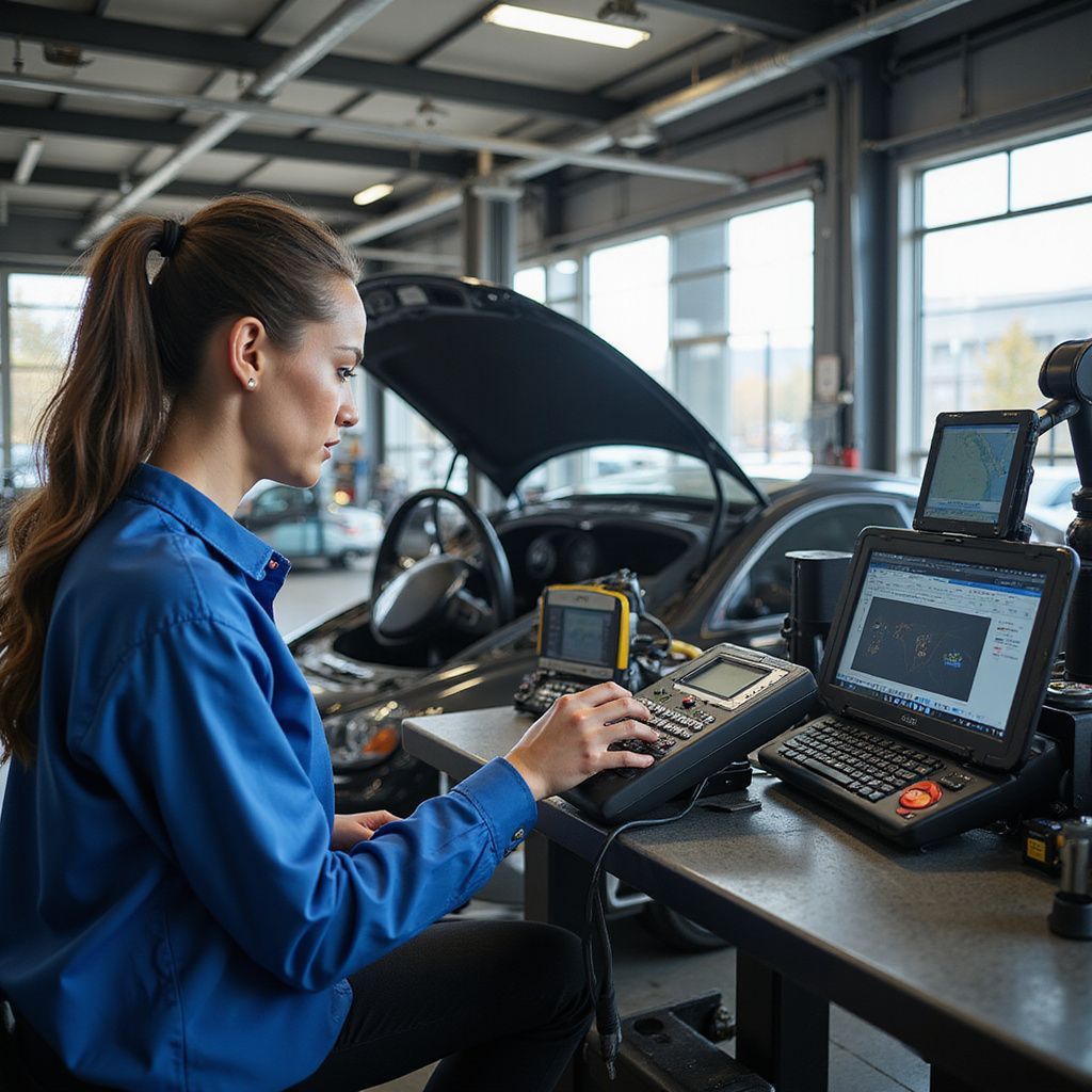Woman using diagnostic equipment in a car repair shop. Car hood open.