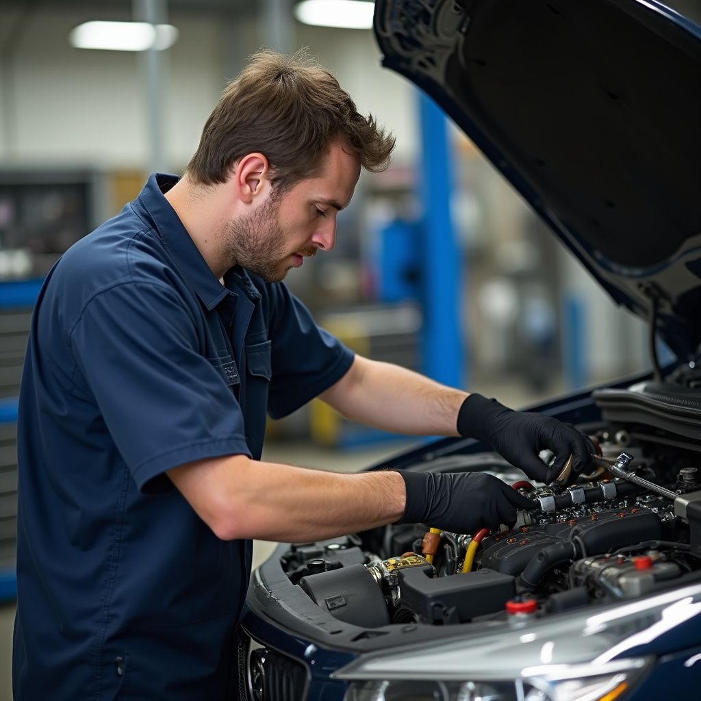 Mechanic in blue shirt, black gloves, working on a car engine in a garage.