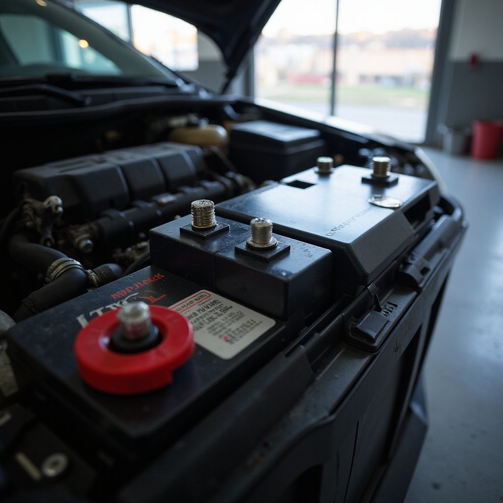 Car engine bay with two batteries, the hood is open.