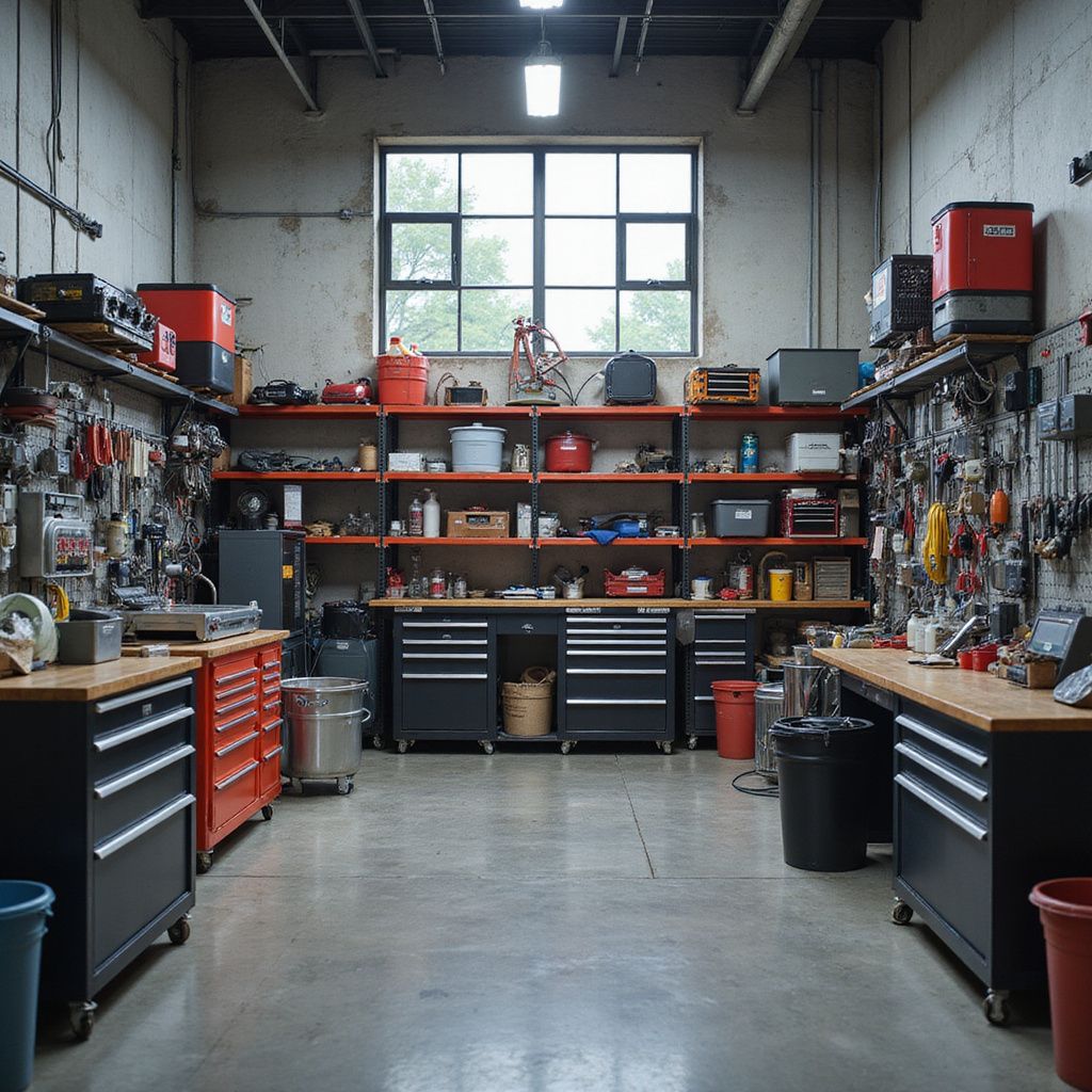 Workshop interior with tools, shelves, and workbenches. Dark gray and red tones with natural light from a window.