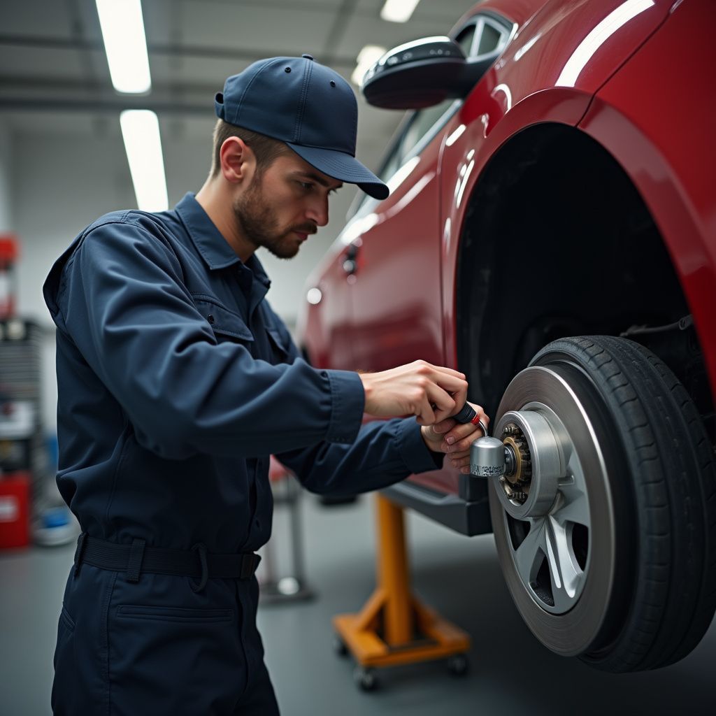 Mechanic in blue uniform working on a red car's wheel in a garage, using a tool.