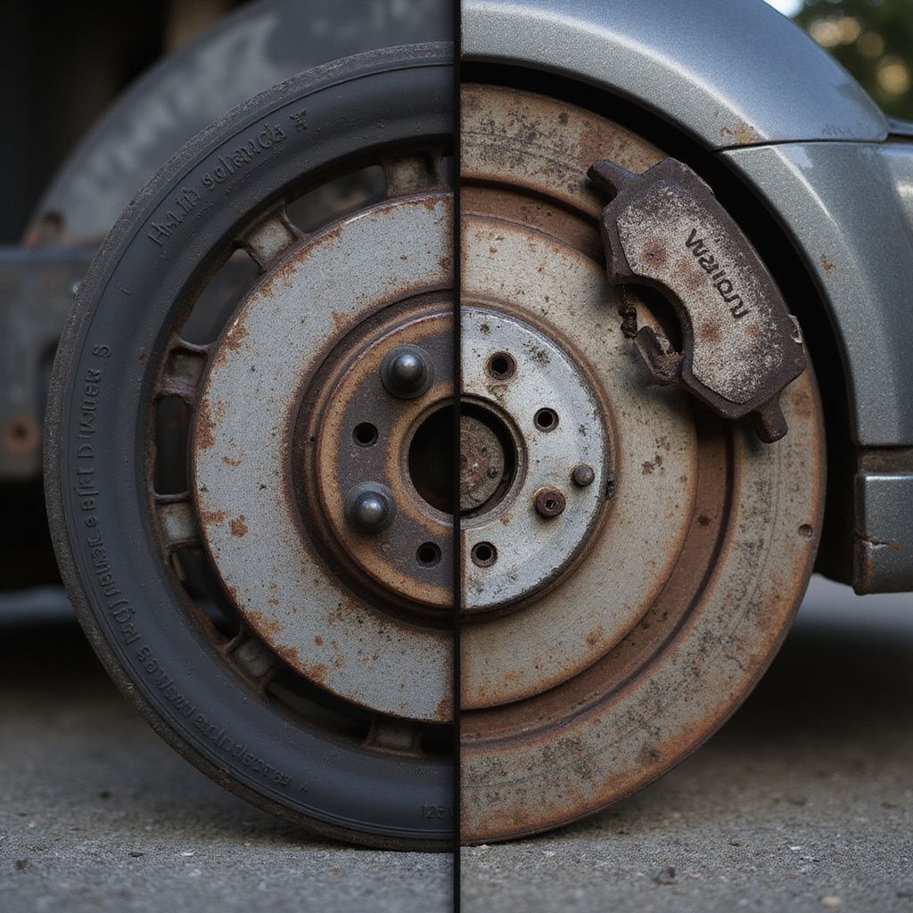 Half wheel with worn tire and rusty brake disc, gray car body.