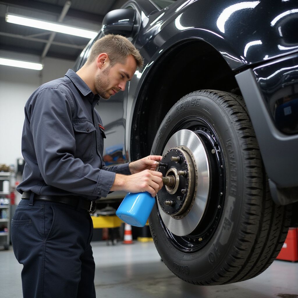 Mechanic sprays brake rotor on a black car wheel in a garage.
