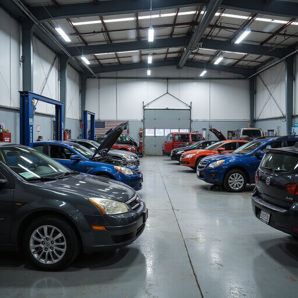 Cars lined up inside a brightly lit auto repair shop, some with hoods open.