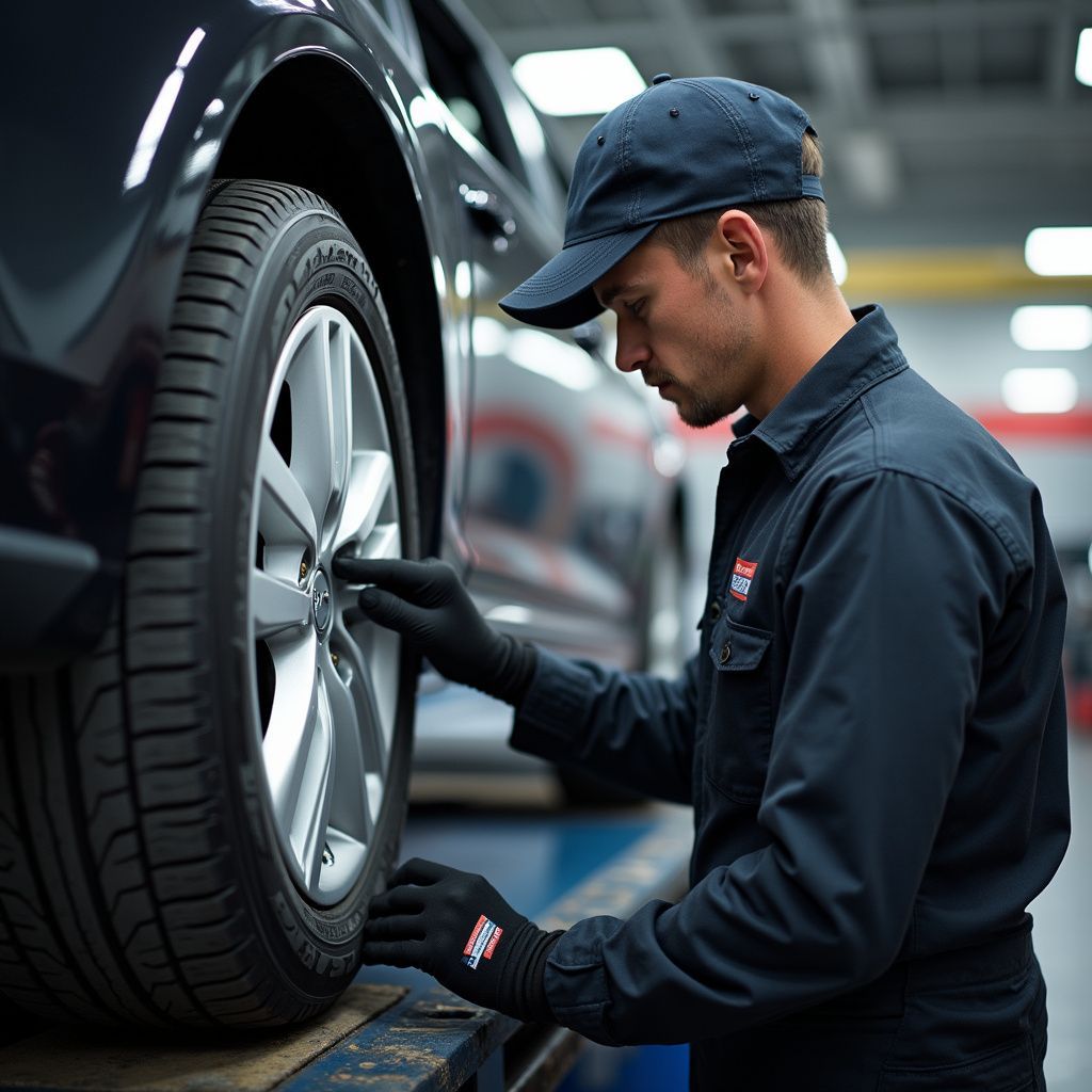 Mechanic in a blue uniform tightening a lug nut on a car tire, working in a garage.