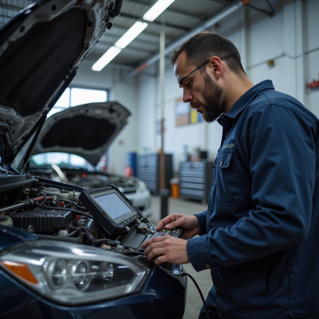 Mechanic in blue uniform uses a diagnostic tool on a car in a garage.