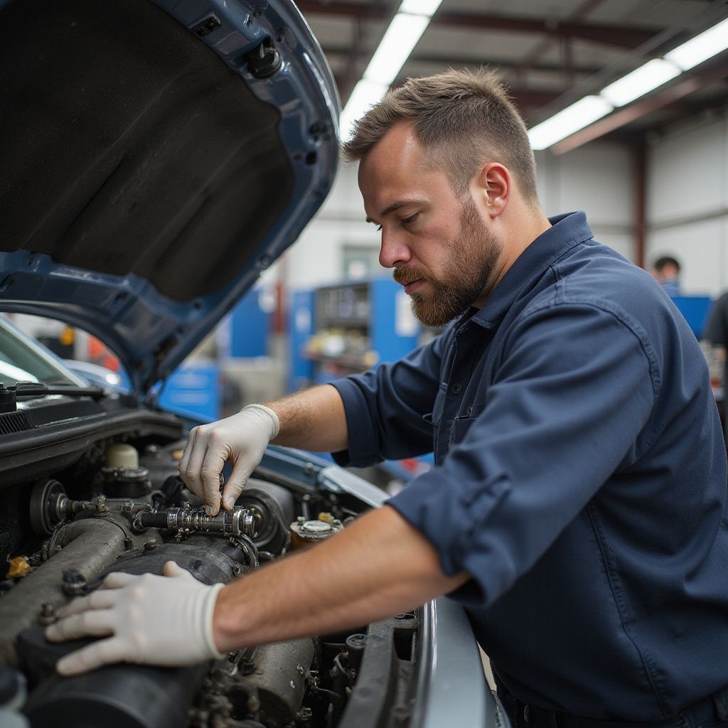 Mechanic in blue uniform and gloves working on a car engine in a garage.