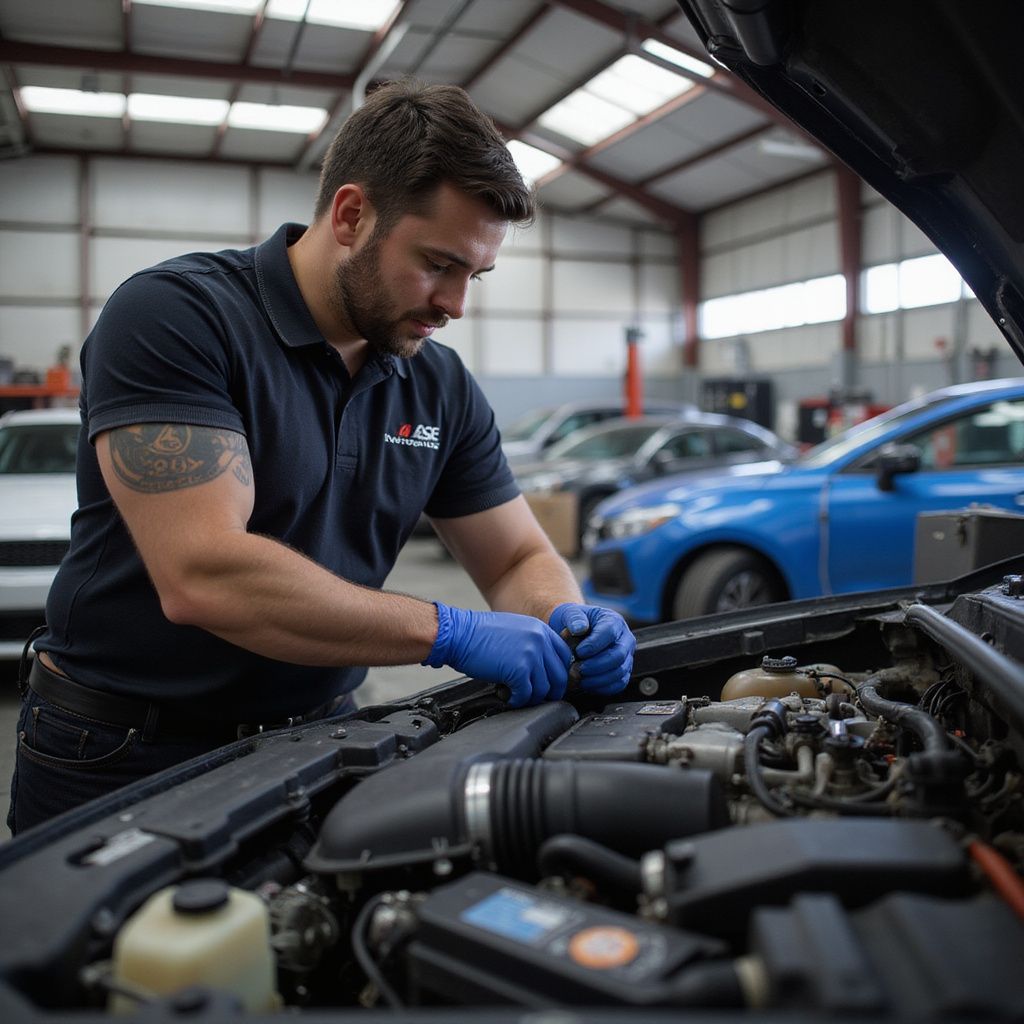 Mechanic working on a car engine in a garage; wearing blue gloves.