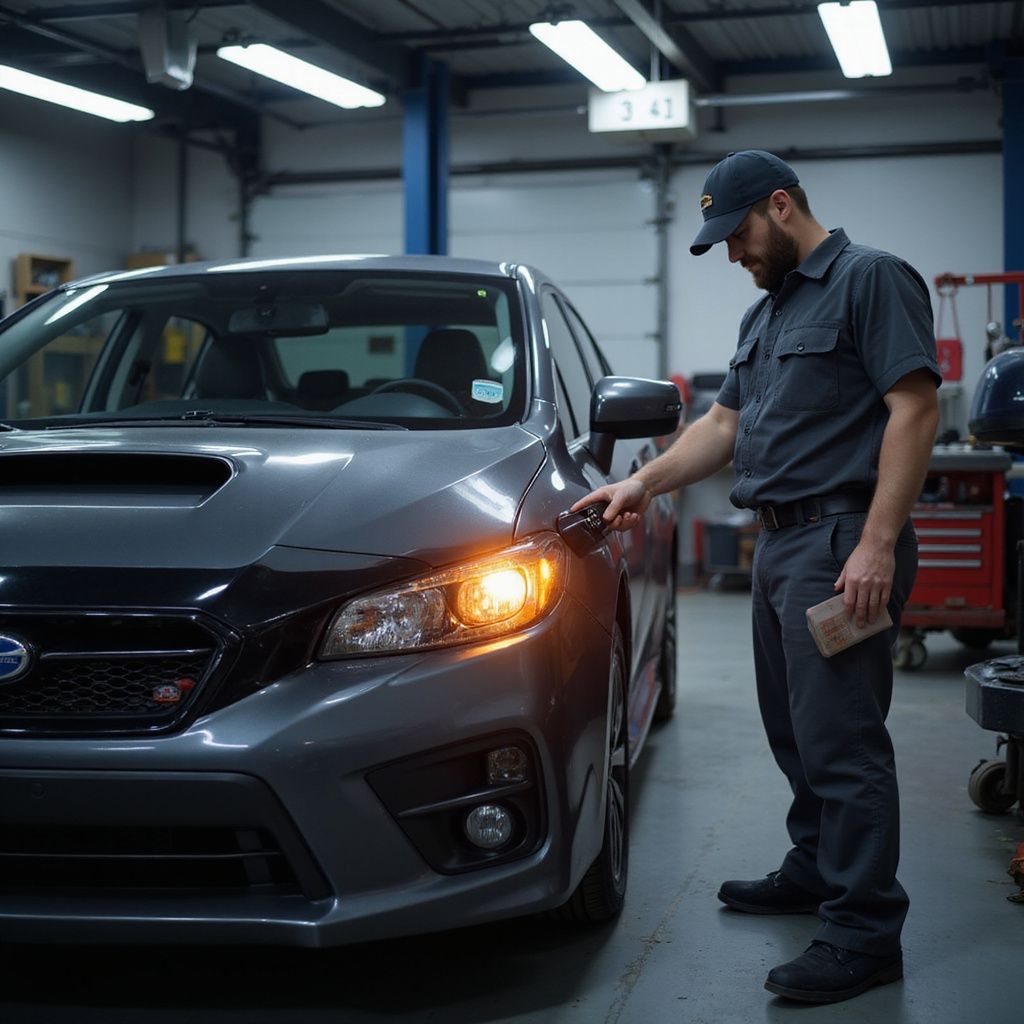Mechanic inspecting a gray car's headlight in a garage. He wears a dark uniform and hat, looking at the illuminated light.