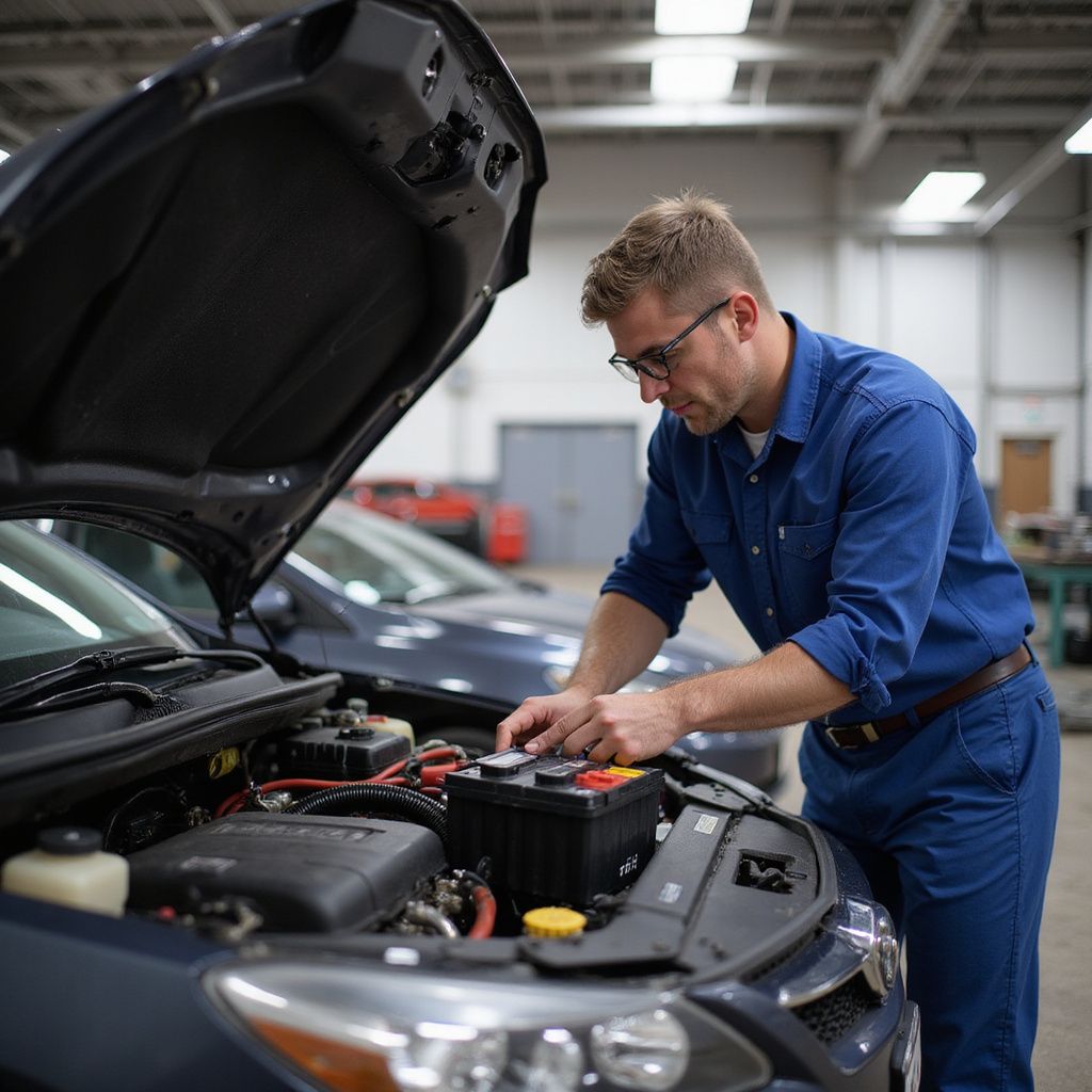 Mechanic inspecting car engine with open hood. Garage setting, blue uniform.