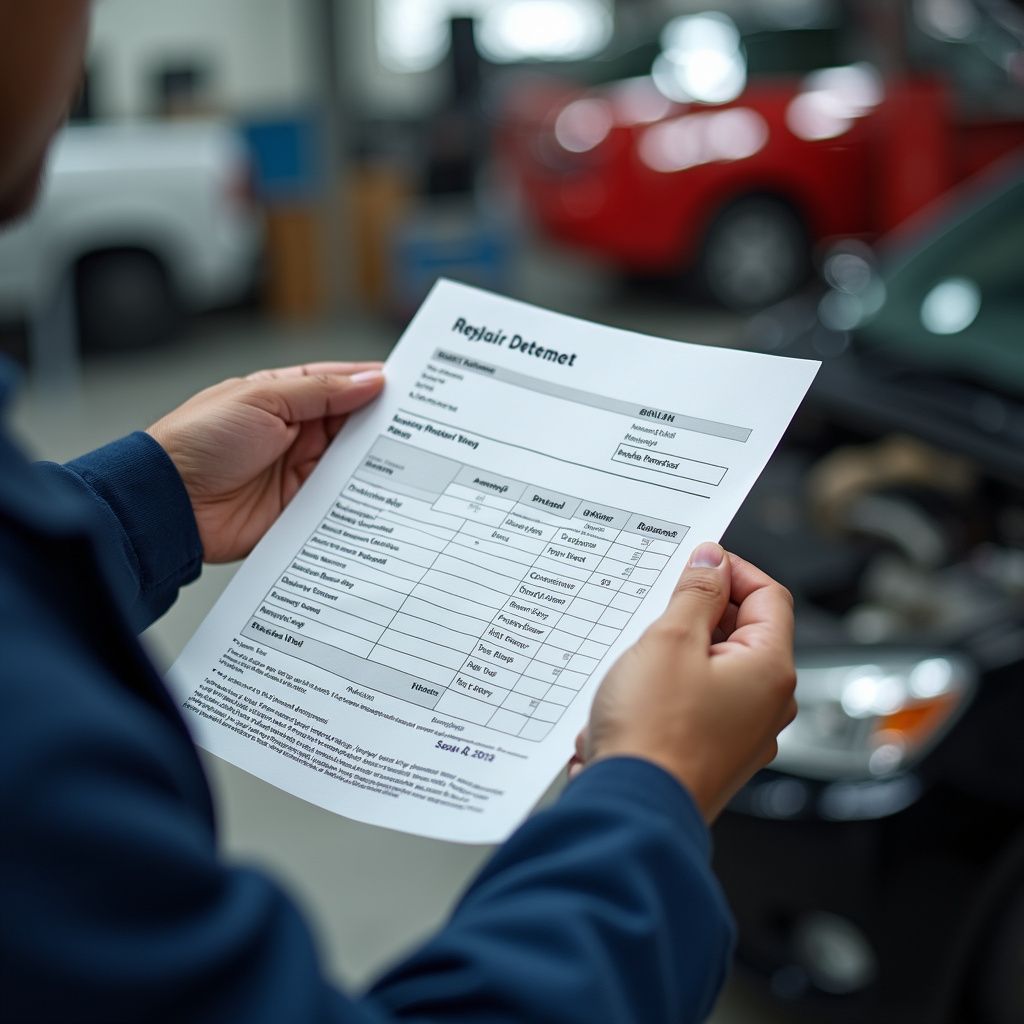 Mechanic examines a repair estimate in a garage, with cars in the background.