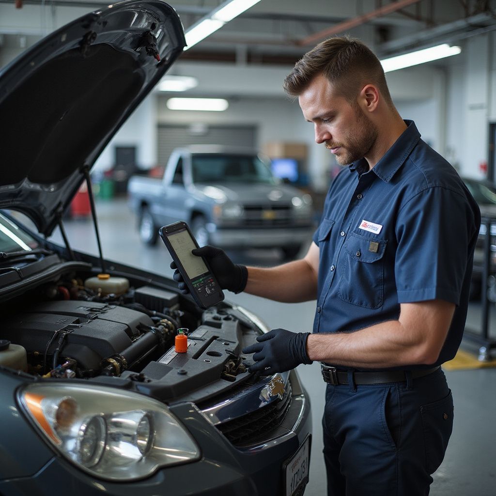 Mechanic using diagnostic tool on car engine in a shop.