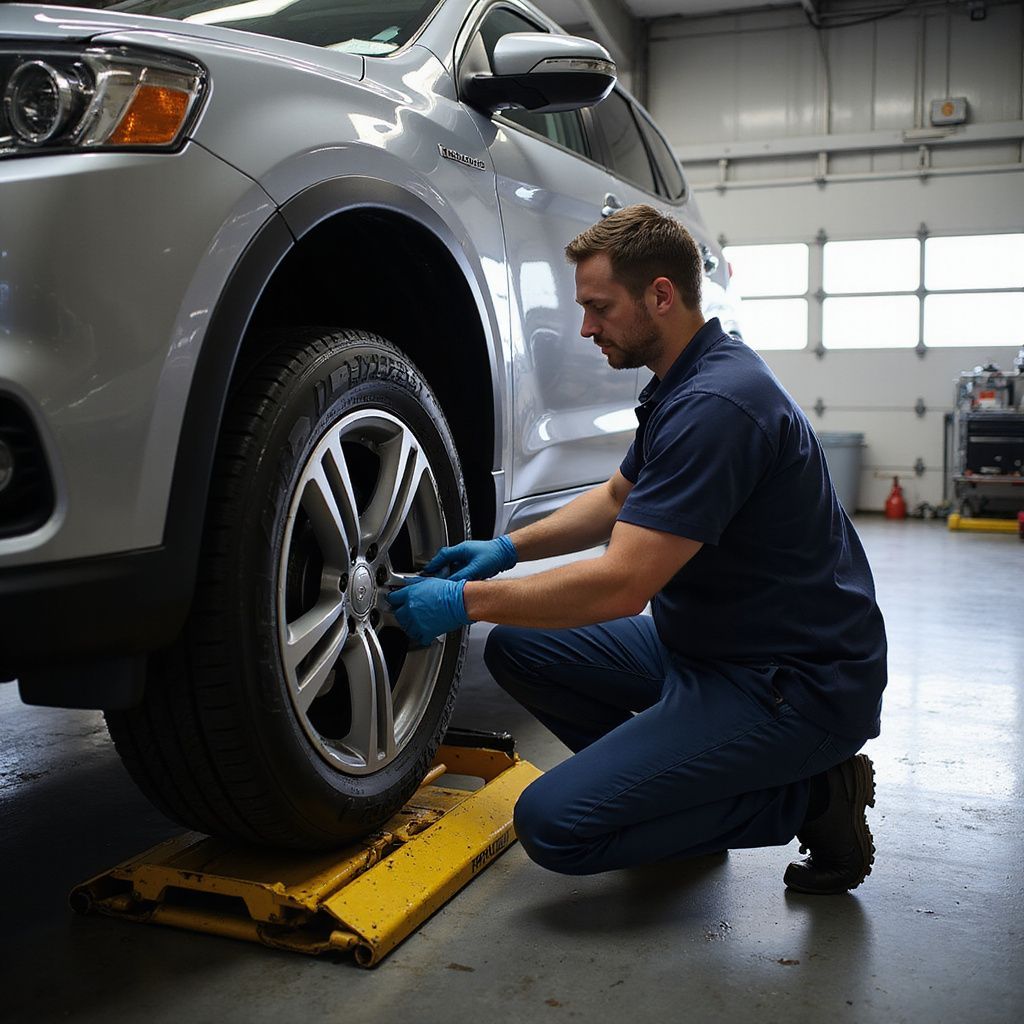Mechanic in blue uniform and gloves tightening a wheel on a car in a garage.