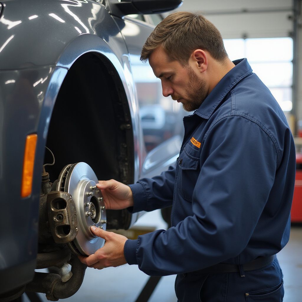 Mechanic installing a brake rotor on a gray car in a shop. He is wearing a blue uniform and focused.