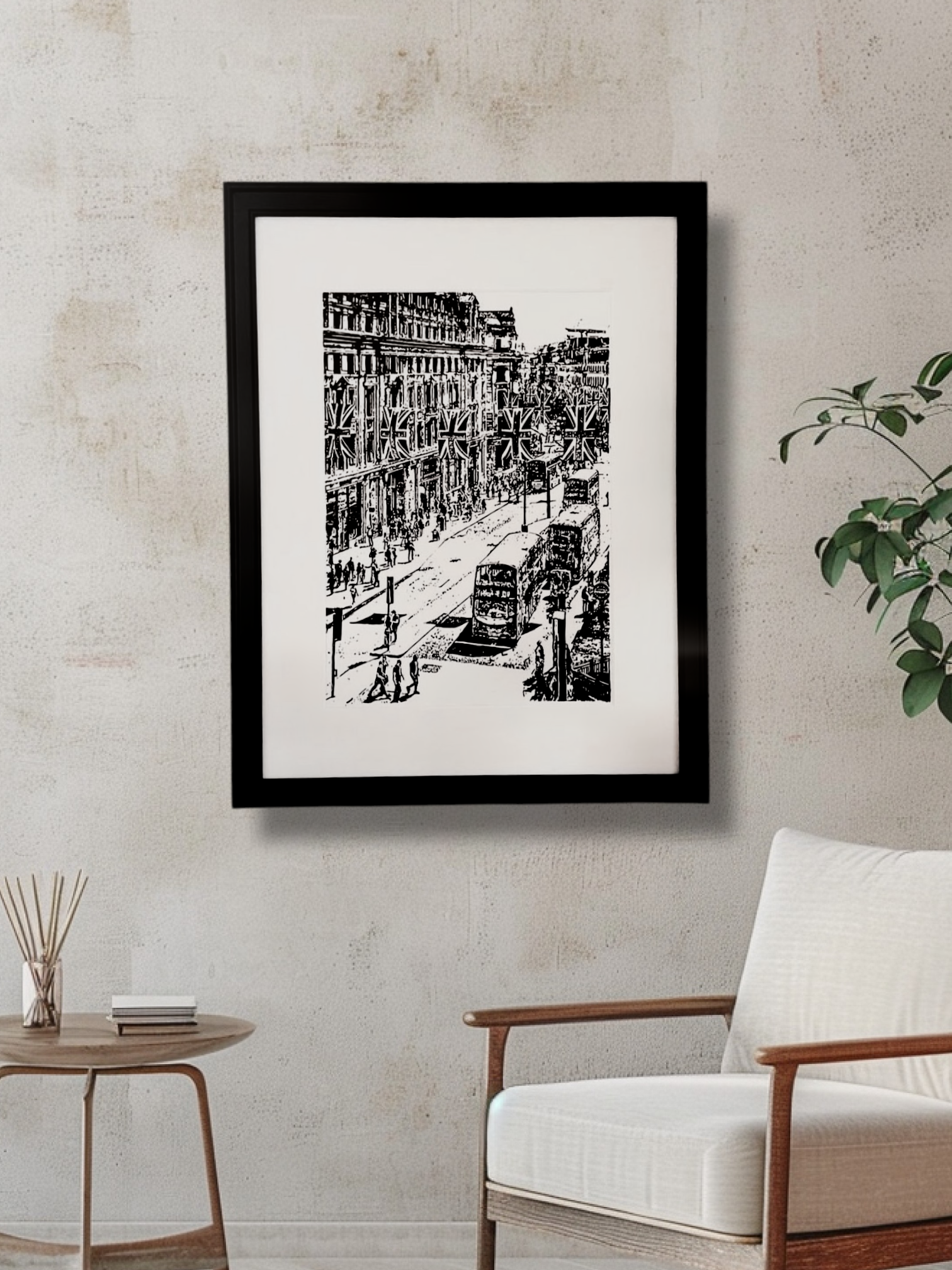 A4 Print of a London Street with British Flags and Busses