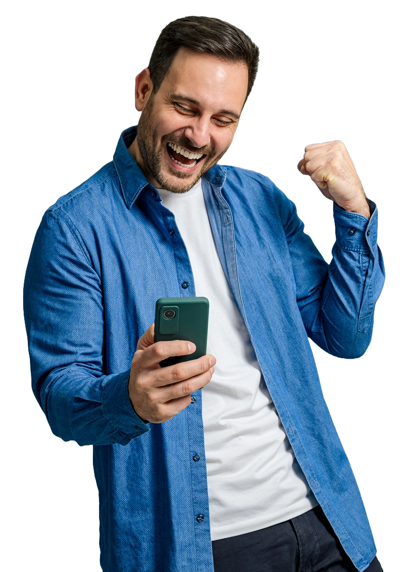 A Man Smiling with Fist Lifted While Looking at Phone — Boca Raton, FL  — Smart Carpet and Tile