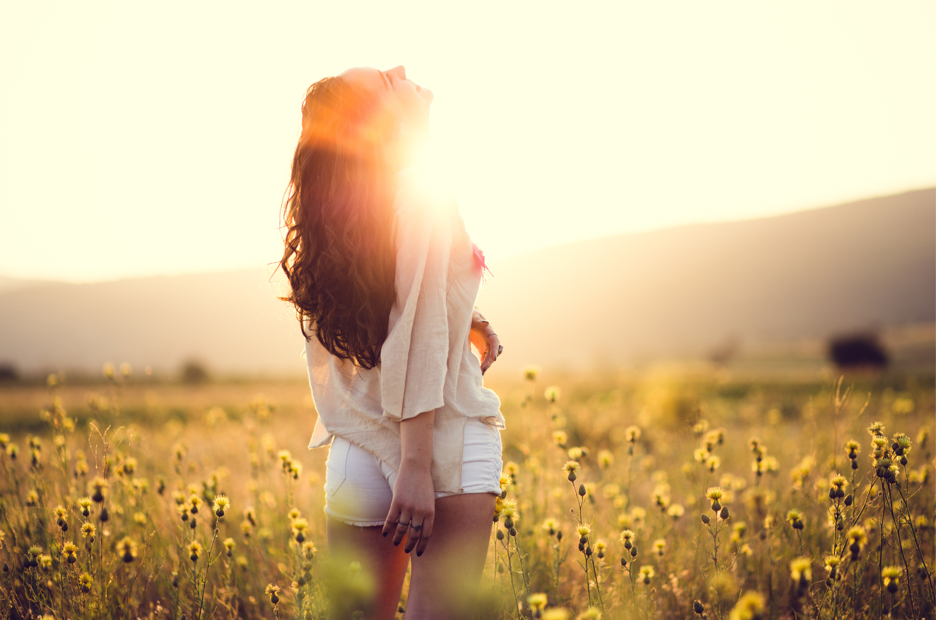 Person standing in a sunlit field of yellow flowers at sunset
