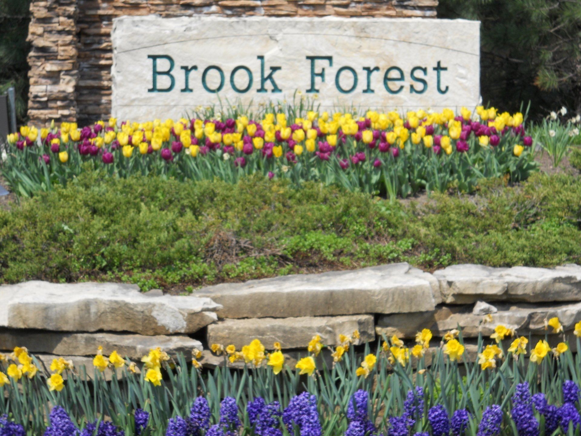 A sign for brook forest is surrounded by flowers