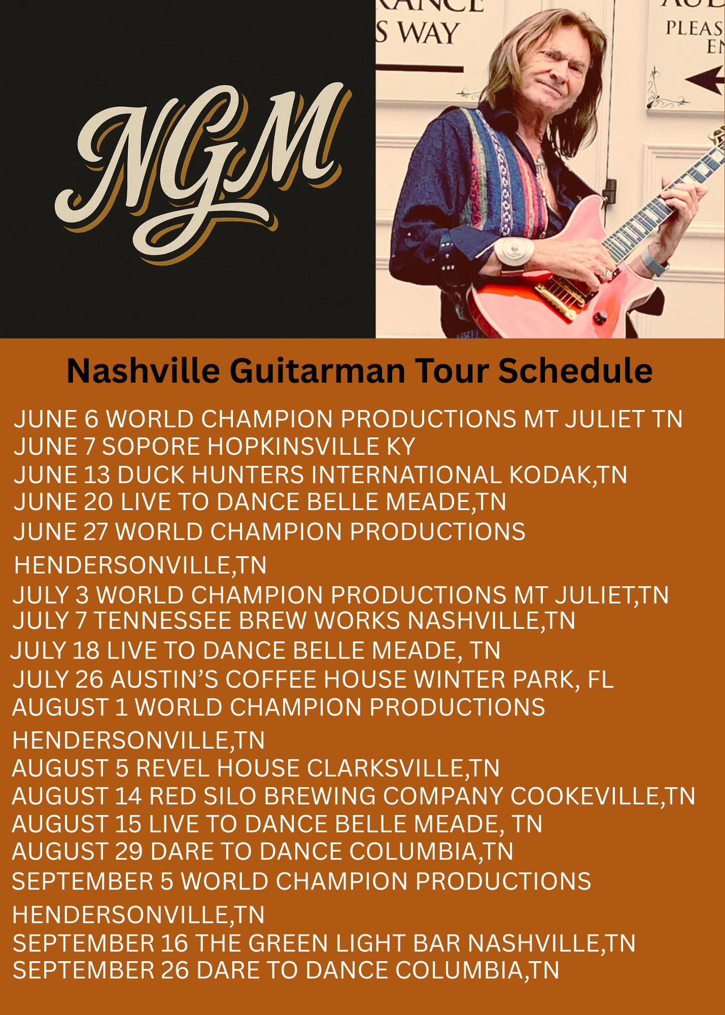 Nashville Guitarman tour schedule featuring a guitarist with a pink guitar and dates.