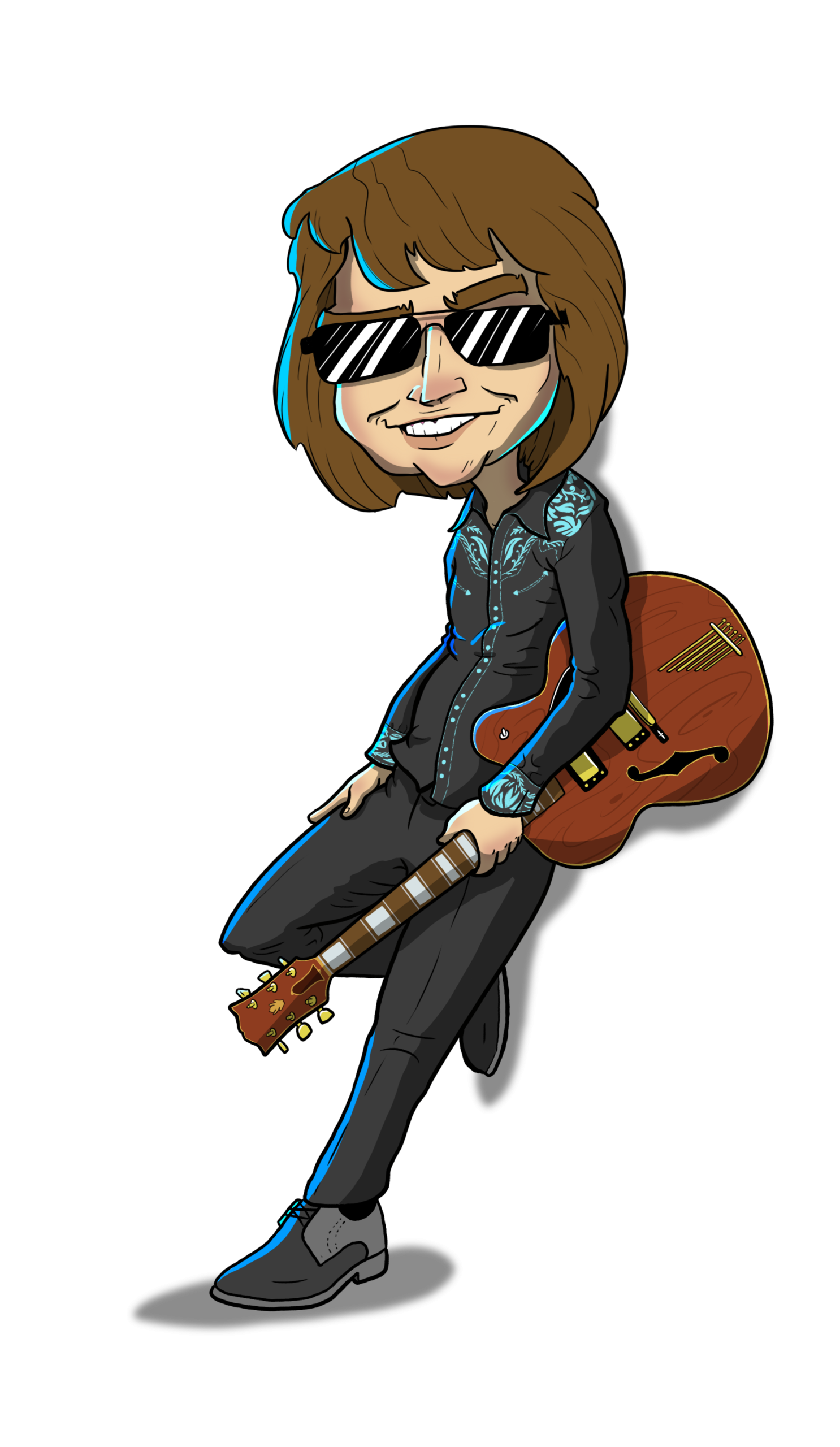 Cartoon figure with sunglasses, leaning on a wall, holding a guitar. Smiling.