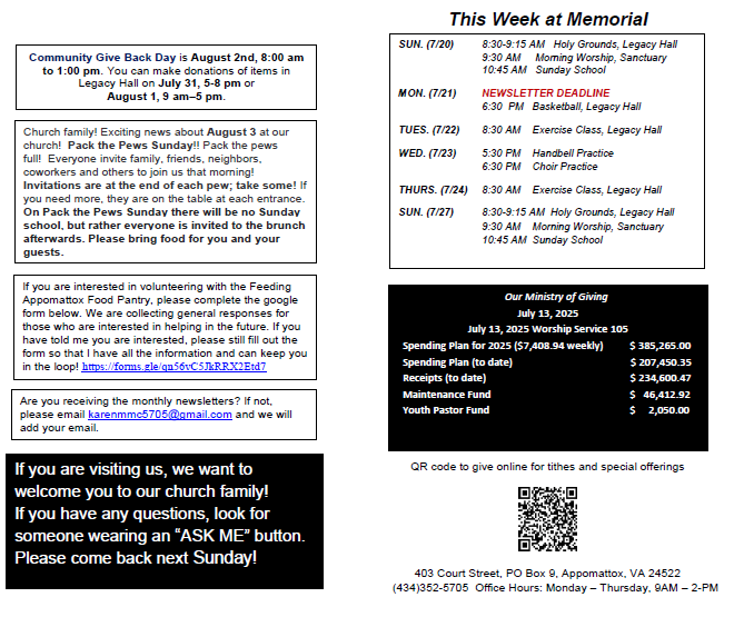 A flyer for a church that says this week at memorial