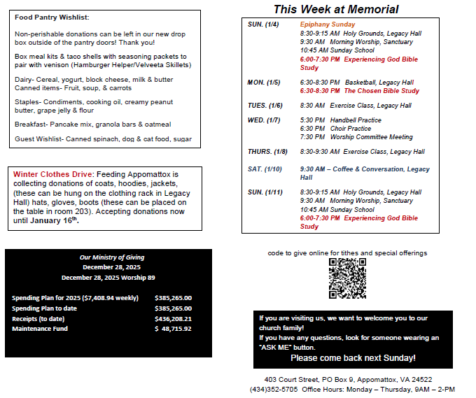 A flyer for a church that says this week at memorial